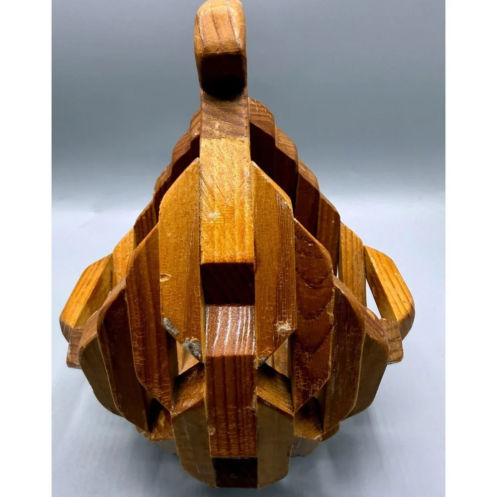 Vintage Folk Art Geometric Interlocking Wood Planter Basket MCM Handle Brown 9in